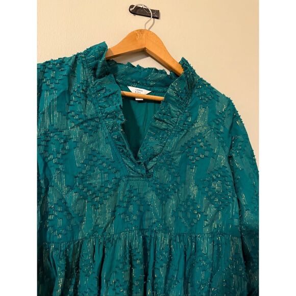 Crown & Ivy Size M Petite Ruffle Neck Tiered Midi Dress Emerald Green Gold Fall - Picture 11 of 13